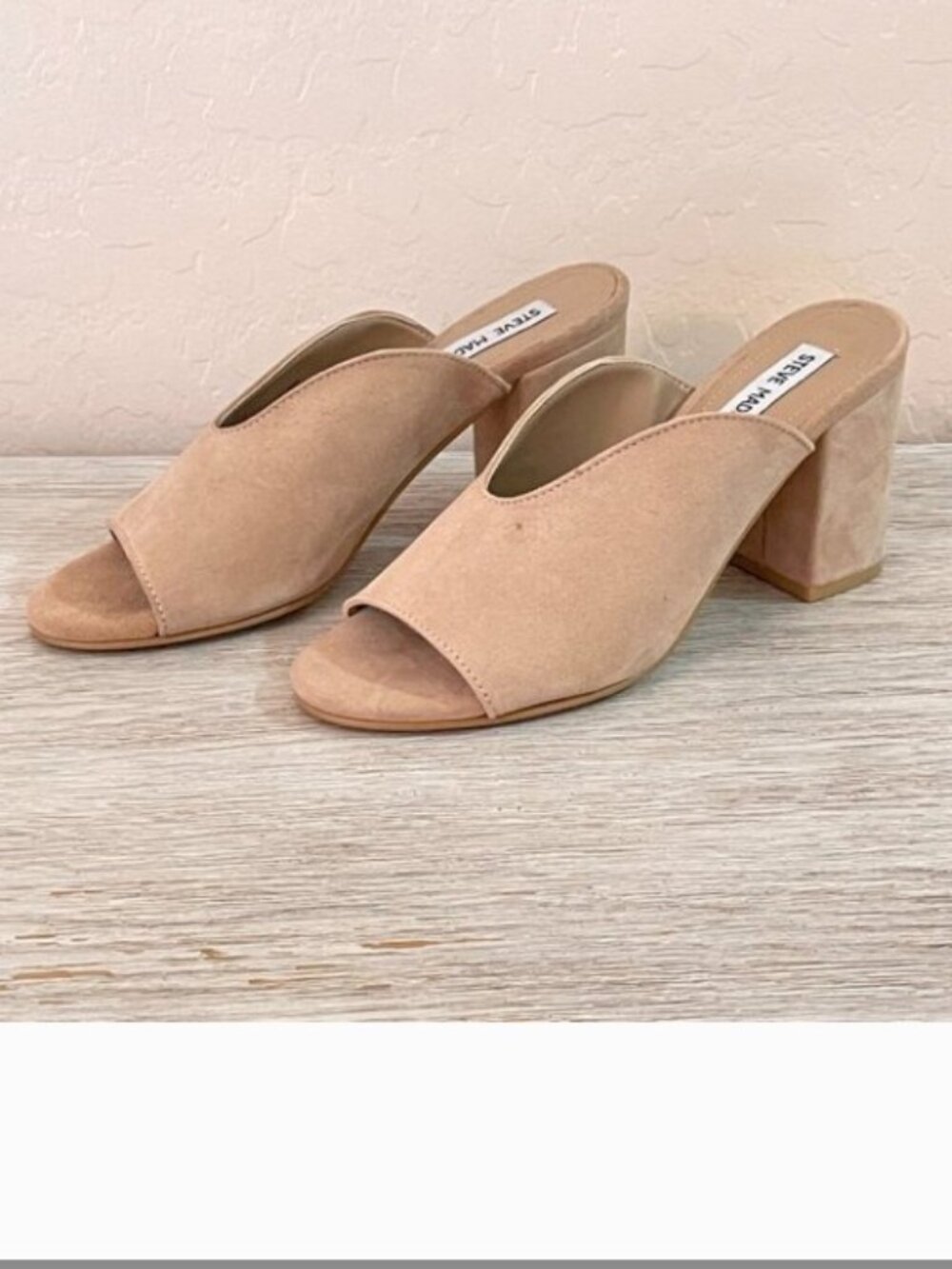 Steve Madden Sandals Slides Heels Chance Tan Pink Taupe Stone Suede Leather 6
